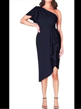 One-Shoulder Navy Asymmetric Ruffle Dress